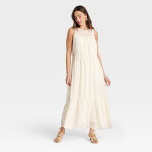 Women's Sheer Chiffon Maxi Dress - A New Day™ Cream M: Sleeveless Crew Neck